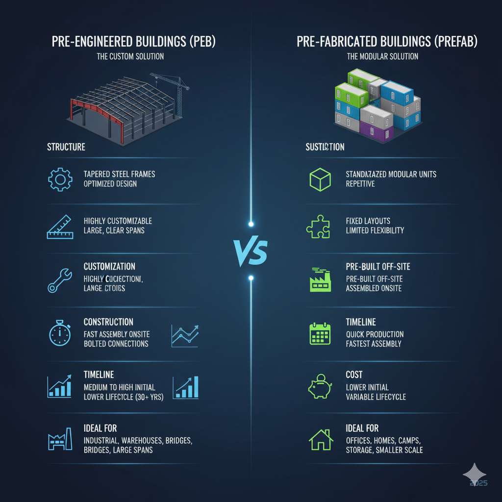 What is the Difference Between Pre-Engineered and Pre-Fabricated Buildings? Complete Guide 4 Infographic comparing PEB versus prefab structural capabilities including clear span distance, crane capacity, and mezzanine options