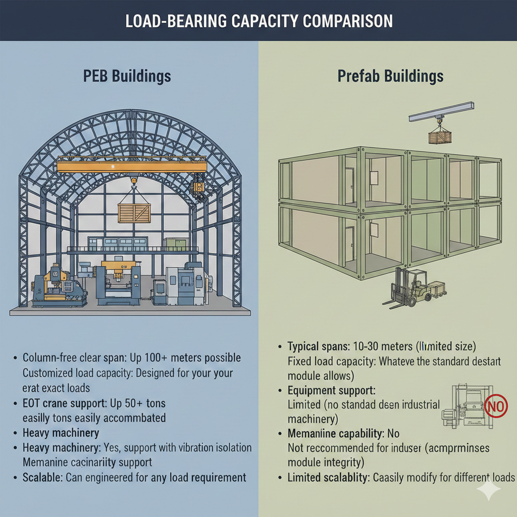 What is the Difference Between Pre-Engineered and Pre-Fabricated Buildings? Complete Guide 5 PEB and prefab building load bearing capacity comparison showing column-free spans and heavy machinery support capabilities