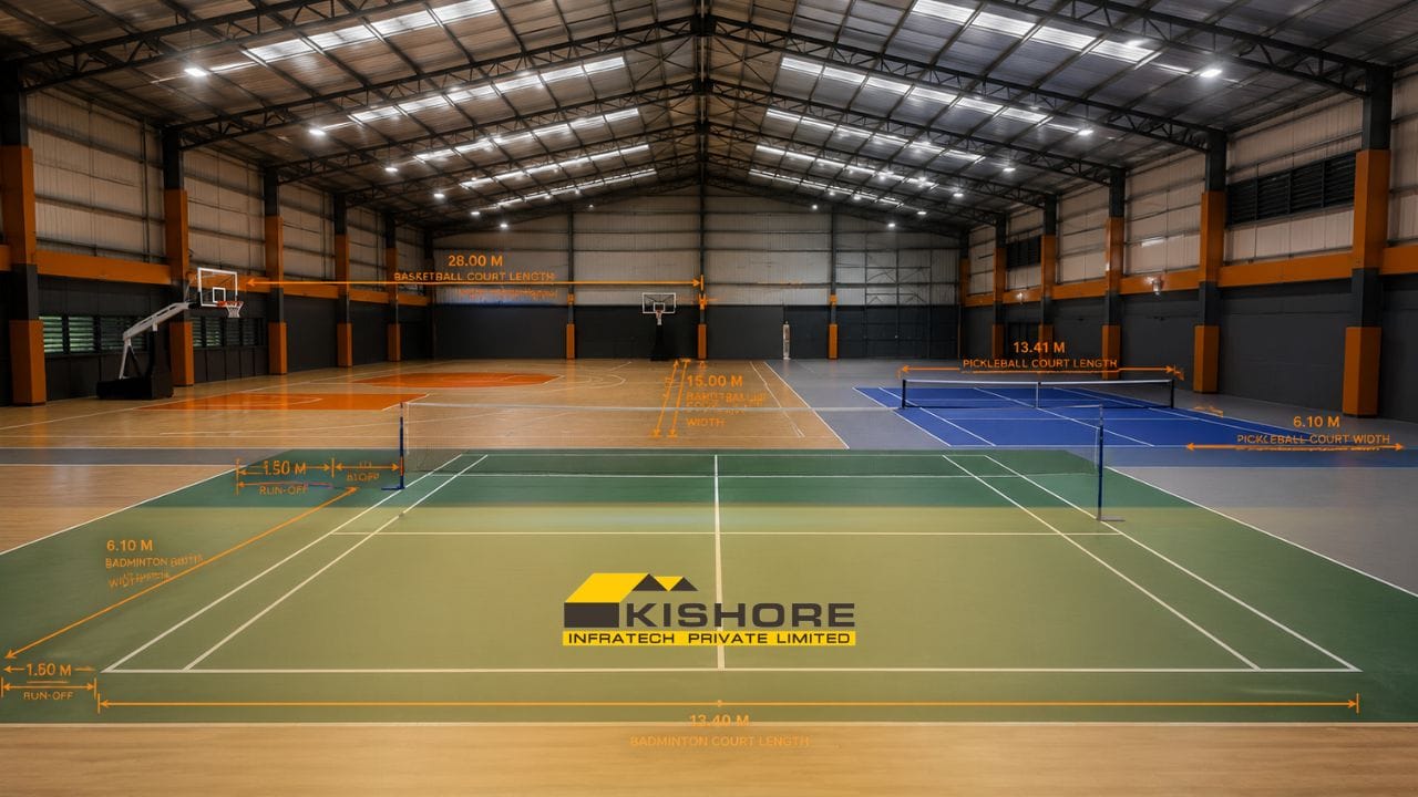 Indoor Sports Court Dimensions & Run-Off Standards: Multi-Sport Reference Guide (BWF, FIBA, FIVB, FIP) 2 Indoor sports court dimensions marked inside a clear-span PEB multi-sport hall in India — badminton, basketball and pickleball courts with run-off zones