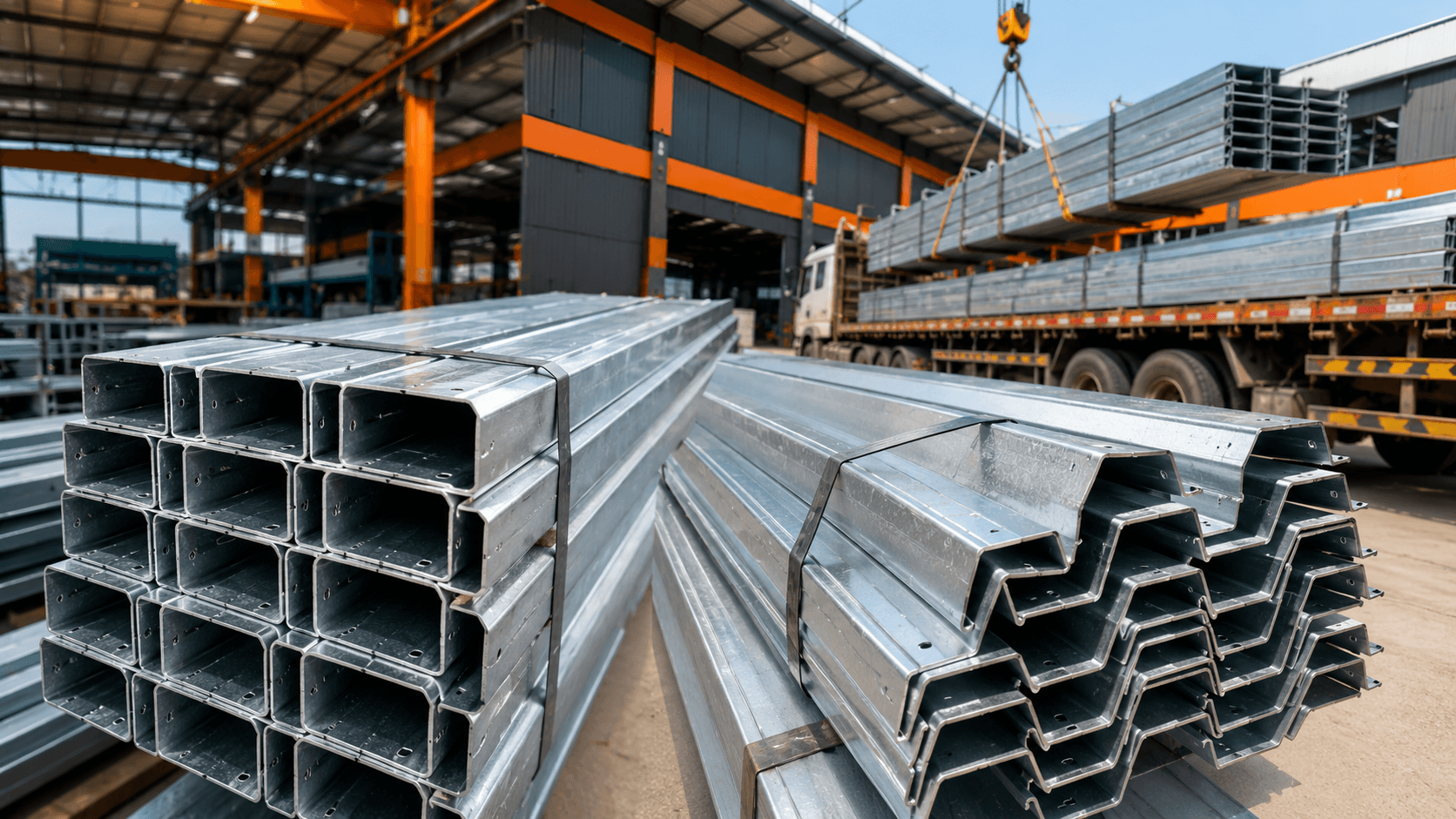 C & Z Purlin Manufacturer in Nizamabad: Sizes, Coatings & Factory-Direct Supply 2 Galvanized C and Z purlins stacked for delivery from Hyderabad factory to Nizamabad