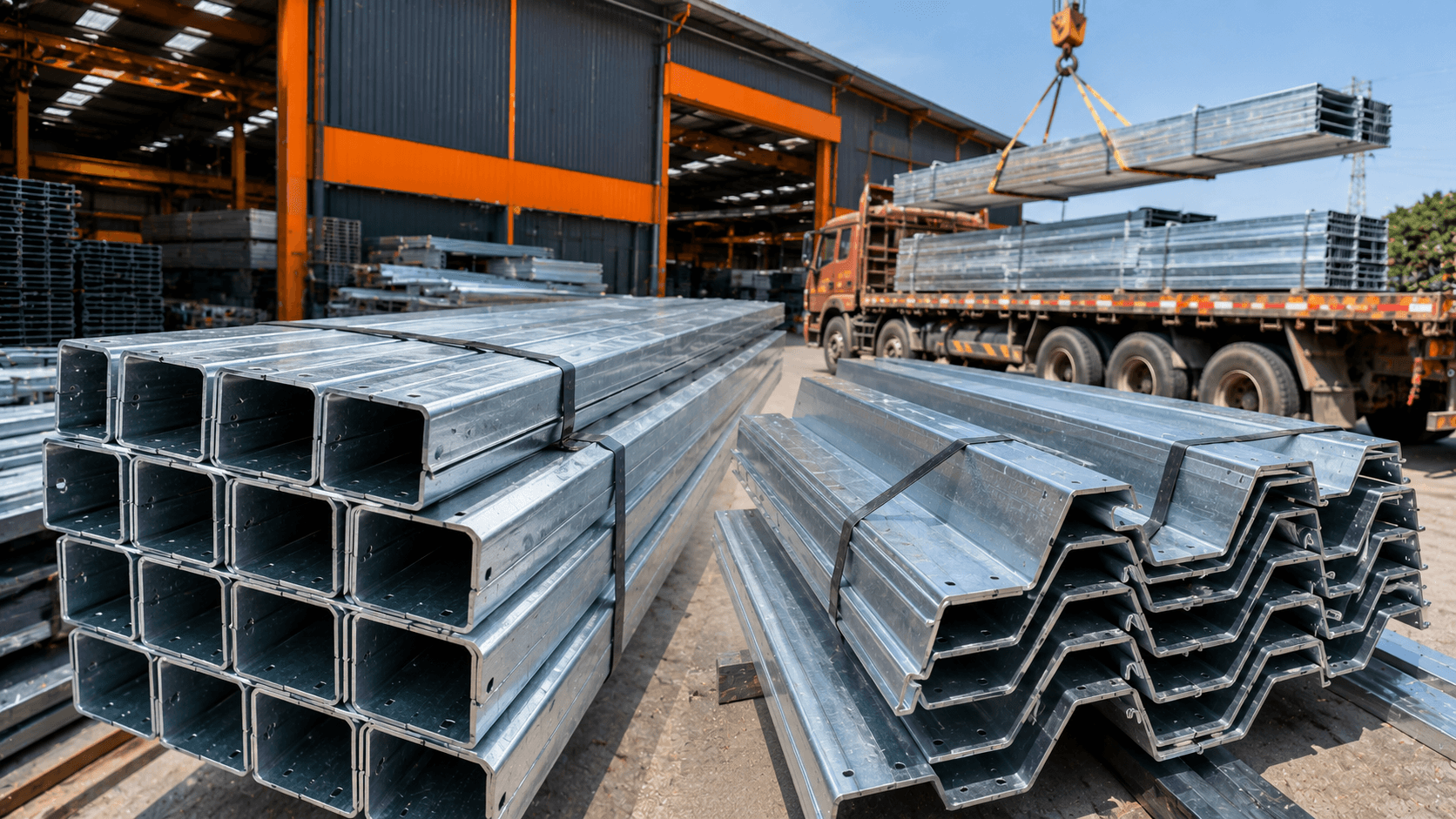 C & Z Purlin Manufacturer in Warangal: Sizes, Coatings & Factory-Direct Supply 3 Galvanized C and Z purlins stacked for delivery from Hyderabad factory to Warangal