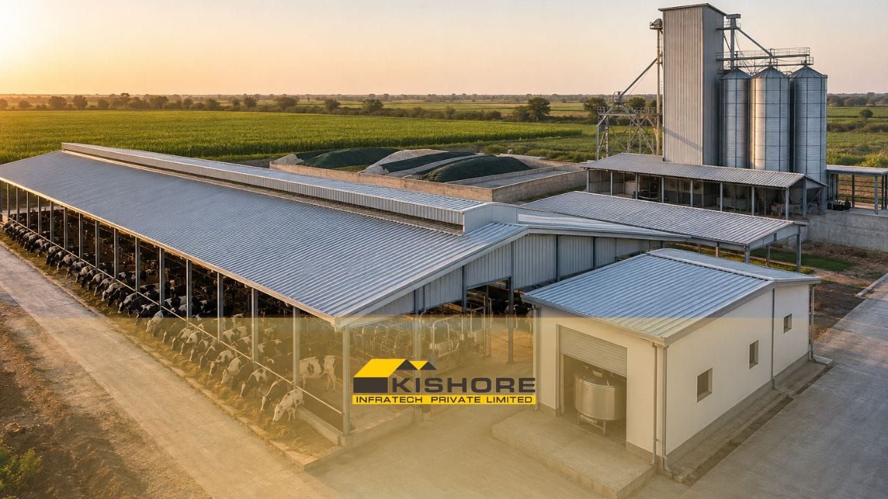 Aerial view of a commercial dairy farm campus in India with PEB cattle housing, milking parlour, milk chilling centre and cattle feed plant