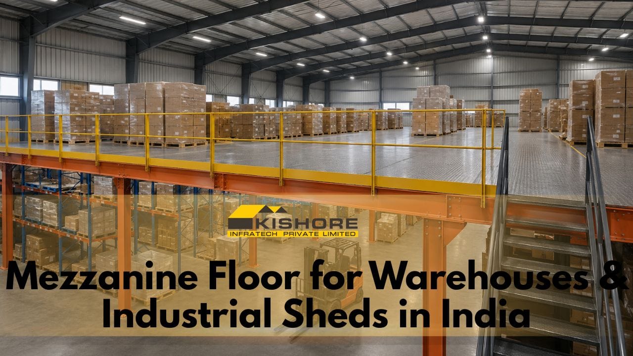 Mezzanine Floor for Warehouses & Industrial Sheds in India (2026): Load Capacity, Clear Height & Cost per Sq Ft 2 Steel mezzanine floor for warehouse in India with chequered plate deck, safety handrail and forklift clearance below in a PEB shed