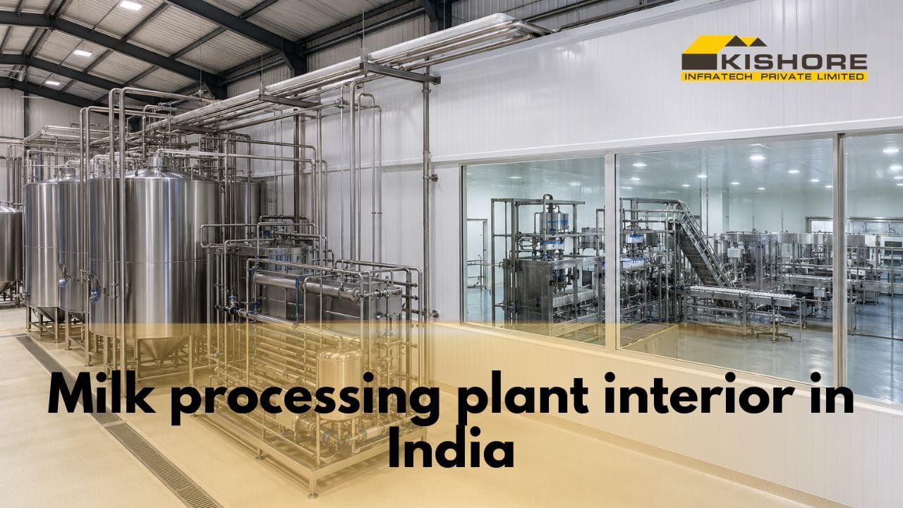 Milk Processing Plant Cost in India (2026): 1,000 to 25,000 LPD Building, Machinery & Utility Breakdown + Free Calculator 2 Milk processing plant interior in India with stainless steel silos, pasteuriser, PUF panel walls and epoxy flooring inside a PEB building