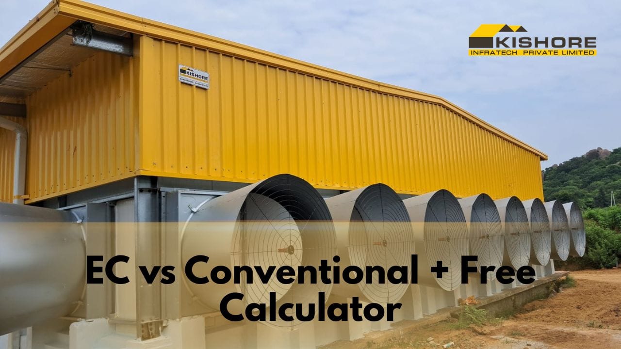 Environmentally controlled EC poultry farm shed in India with exhaust fans, cooling pads and insulated PEB structure - Poultry Farm Shed Cost
