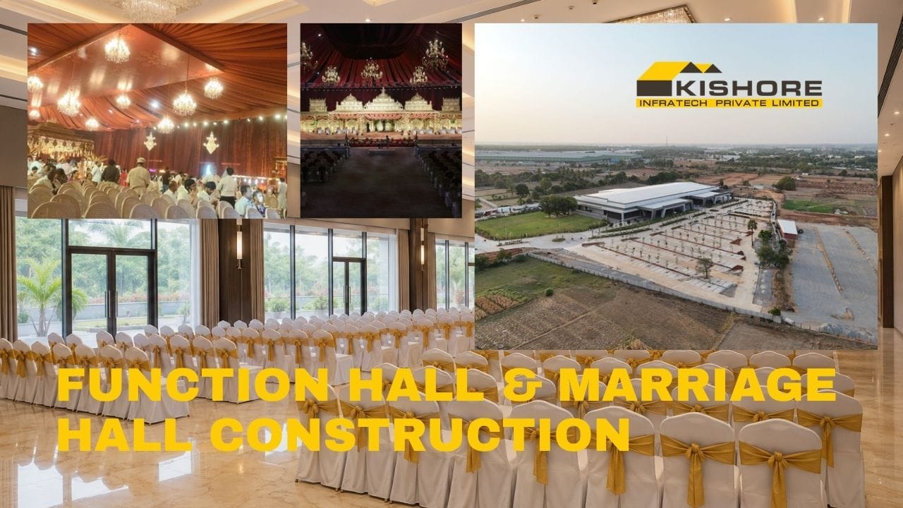Function Hall & Marriage Hall Construction Cost in India (2026): PEB Estimates for 300 to 2,000 Guests + Free Calculator 2 Function hall construction in India — column-free PEB marriage hall interior with false ceiling, chandeliers and wedding stage