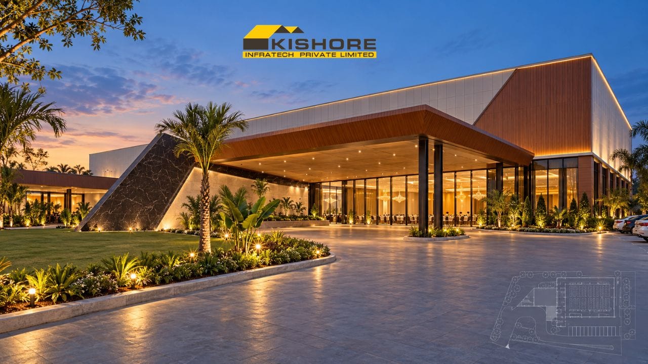 Marriage Hall & Function Hall Design: Layout Plans, Dimensions & Front Elevation for 300 to 2,000 Guests 2 Marriage hall design in India — function hall front elevation with parapet facade, glazed lobby and entrance porch on a PEB steel structure